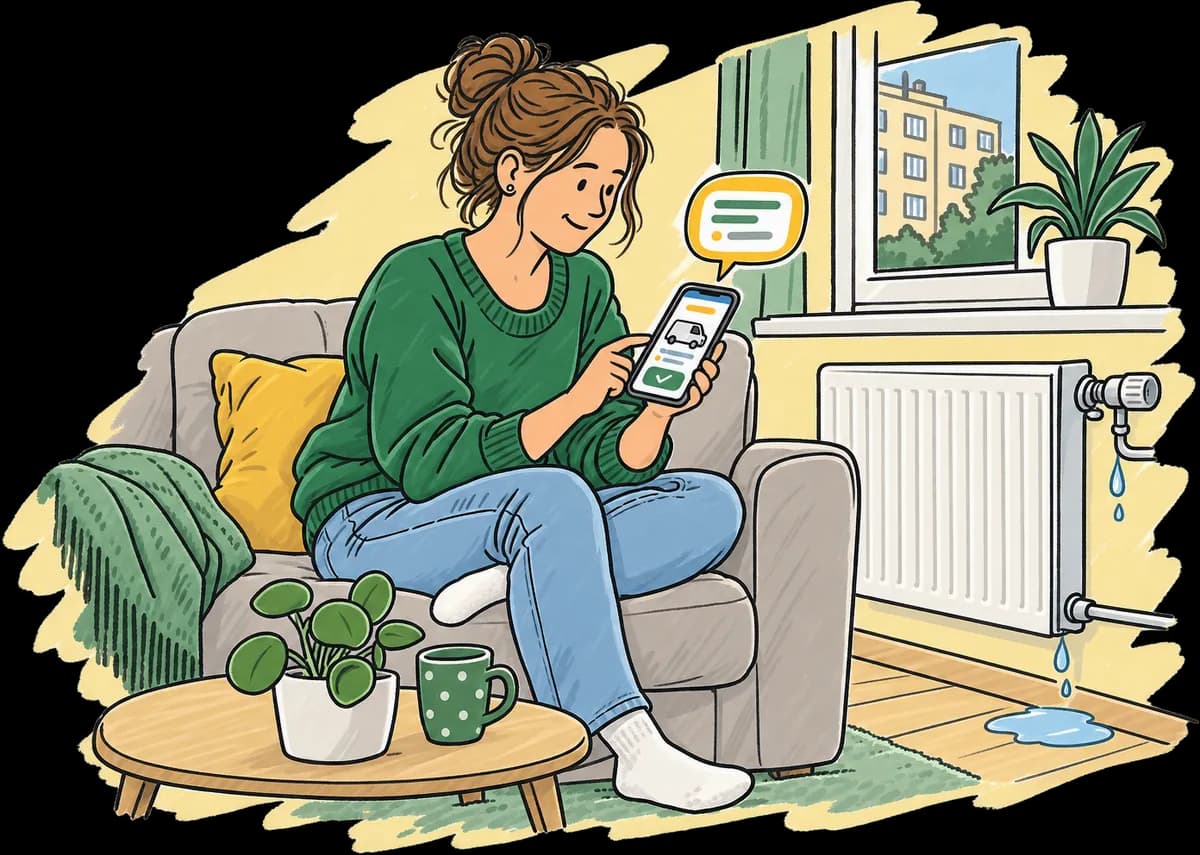 Žena na gauči vedle kapajícího radiátoru našla v mobilu web řemeslníka a píše do chatu.